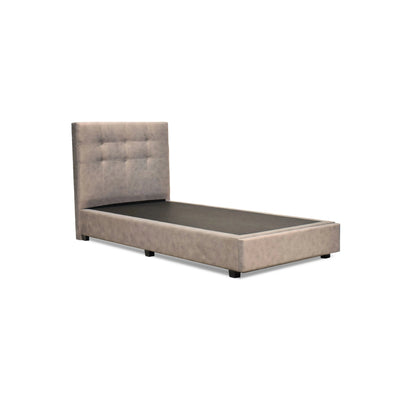 Light grey fabric bed with tall square button-tufted upholstered headboard, supportive divan base, and wooden legs.