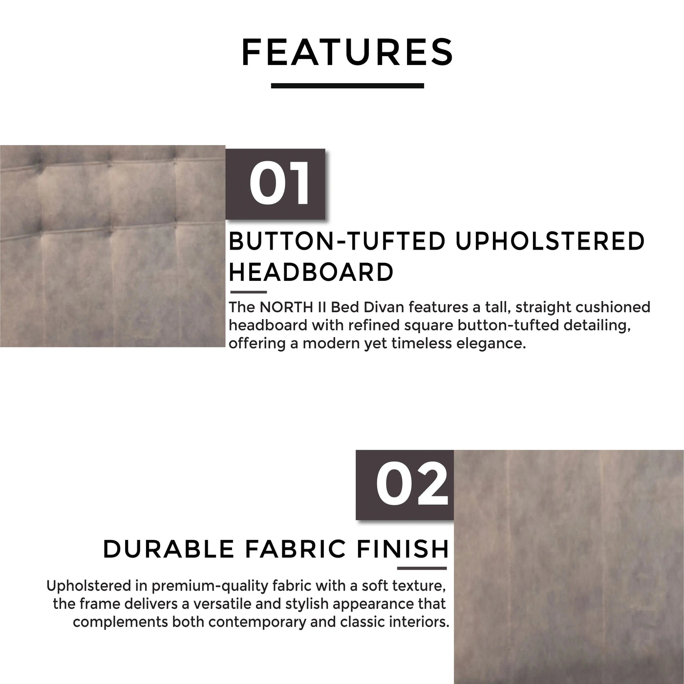 Button-tufted upholstered headboard, durable fabric finish, thick supportive base, and solid wooden legs for durability.