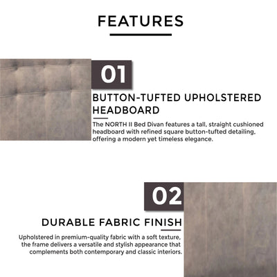 Button-tufted upholstered headboard, durable fabric finish, thick supportive base, and solid wooden legs for durability.