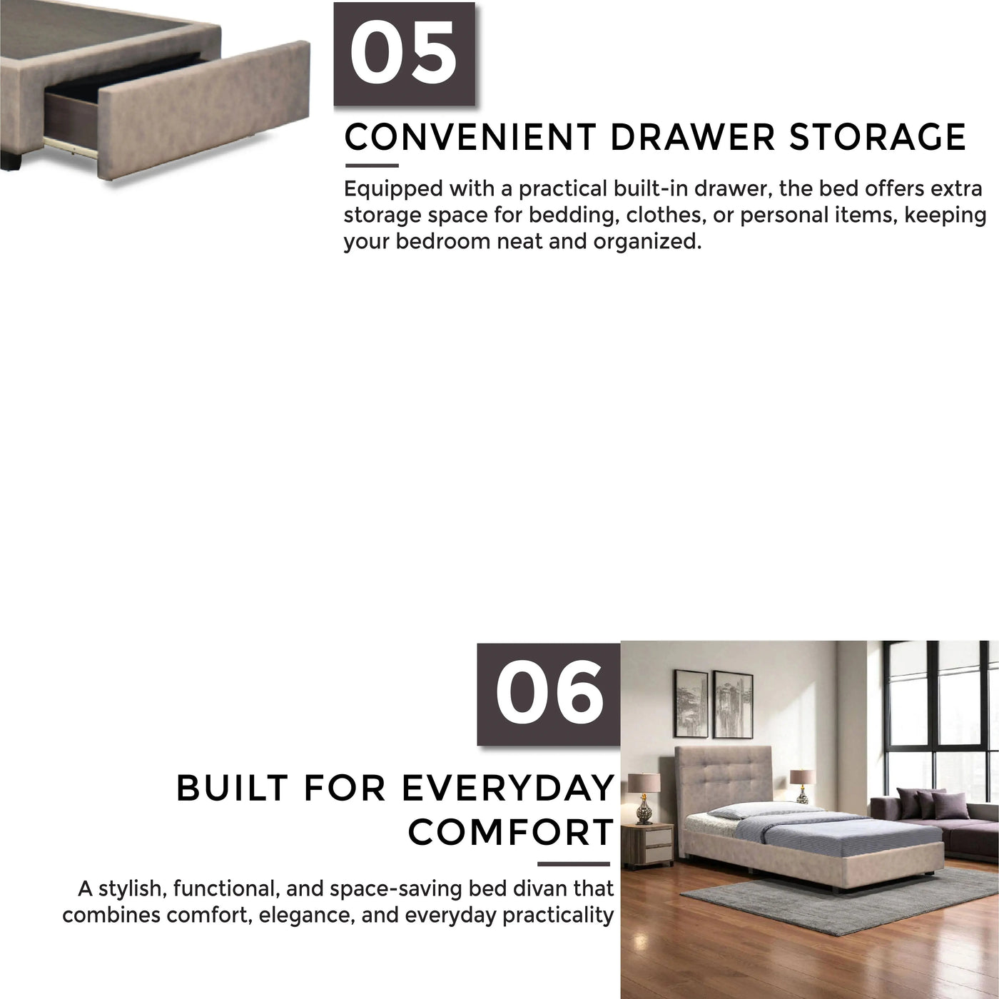 Stylish and durable fabric bed frame designed with storage, sturdy base, and tufted headboard for modern living.