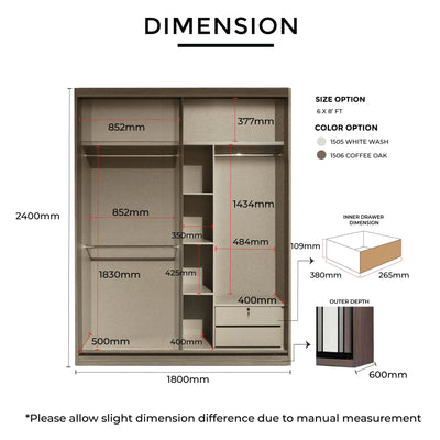 Wardrobe dimensions and color options with measurements on a white background