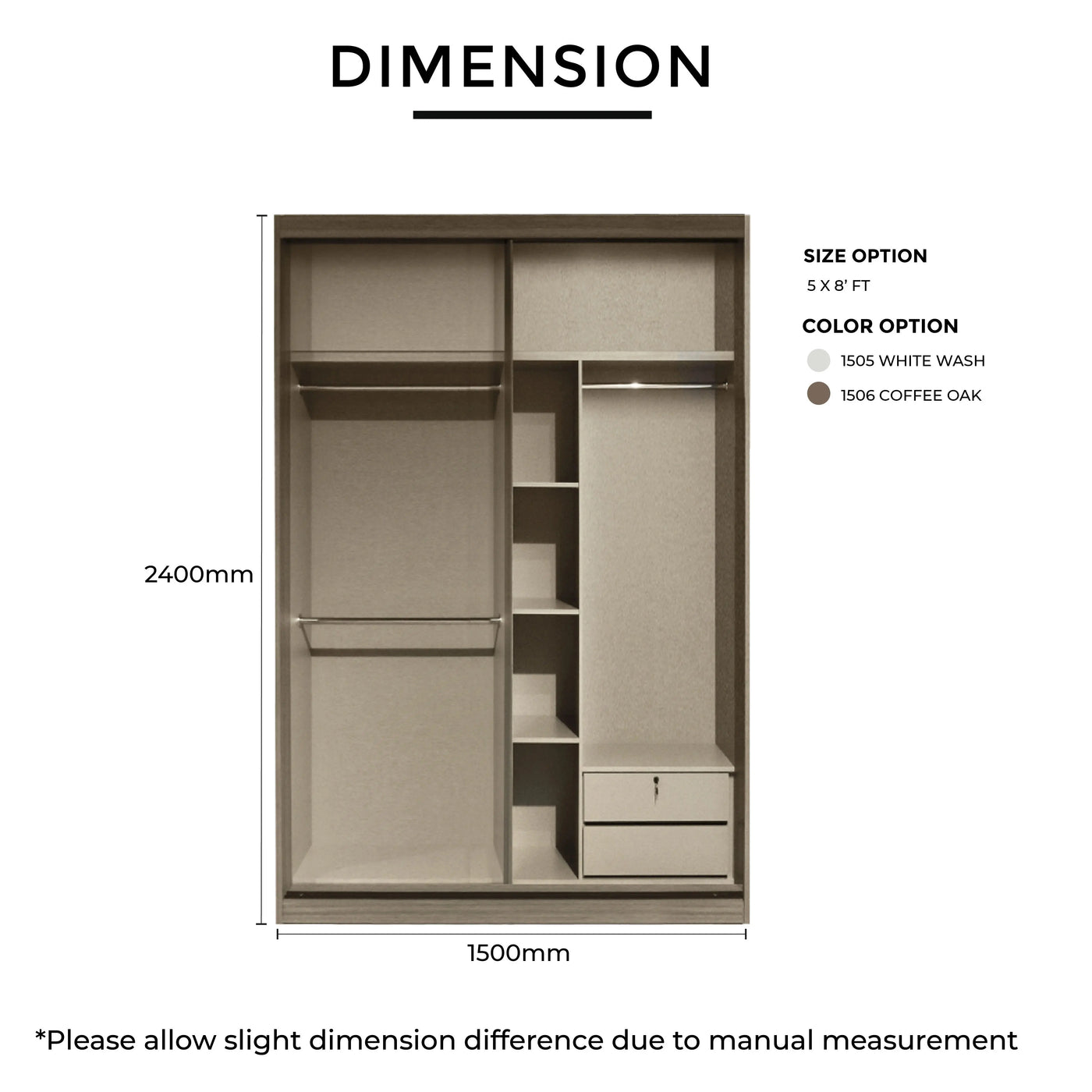 Wardrobe dimensions with color and size options on a white background