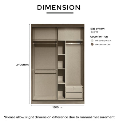 Wardrobe dimensions with color and size options on a white background