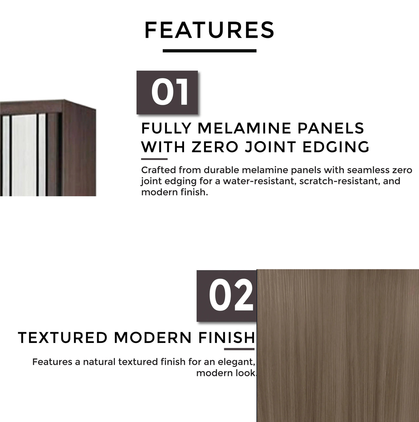 Product features with text on a white background