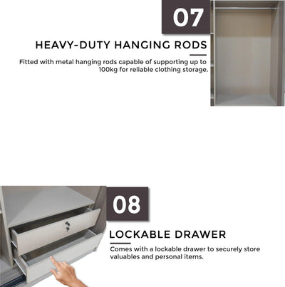 Closet with heavy-duty hanging rods and lockable drawer, featuring text on storage capacity and security.