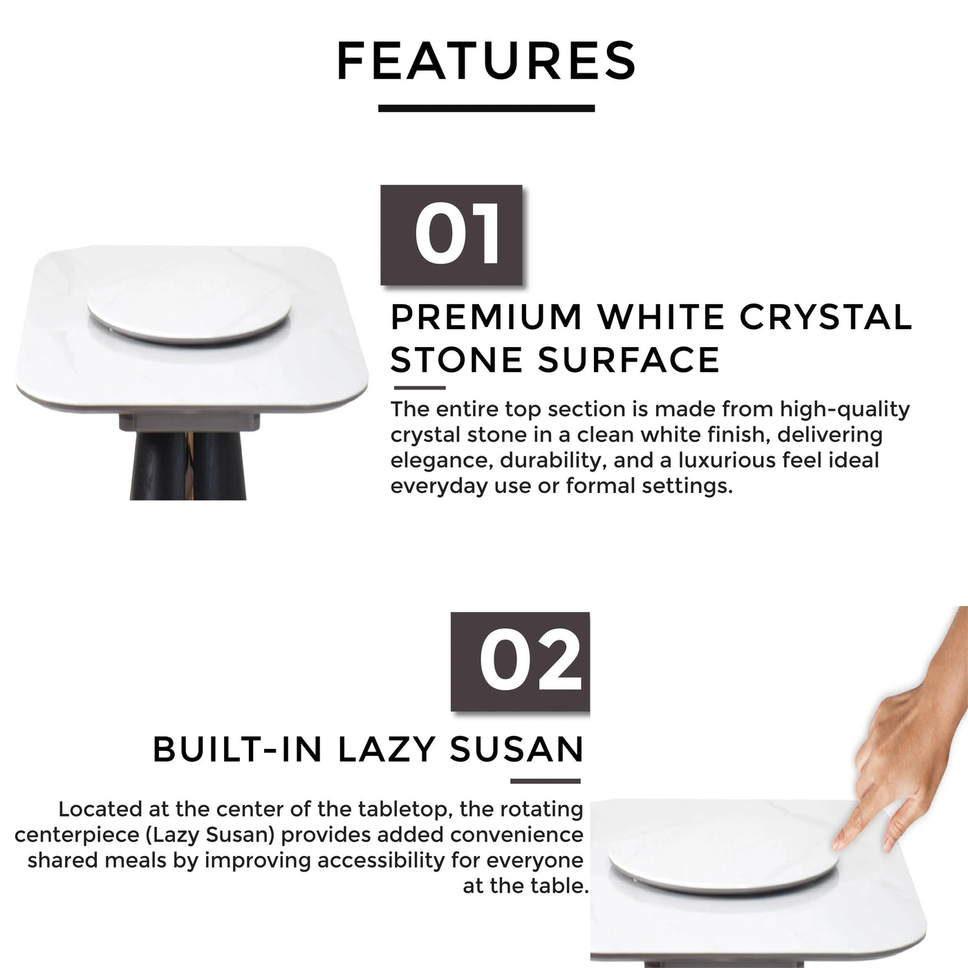 Modern OLEEN Marble Dining Table with premium white crystal stone surface and built-in Lazy Susan - TD Furniture