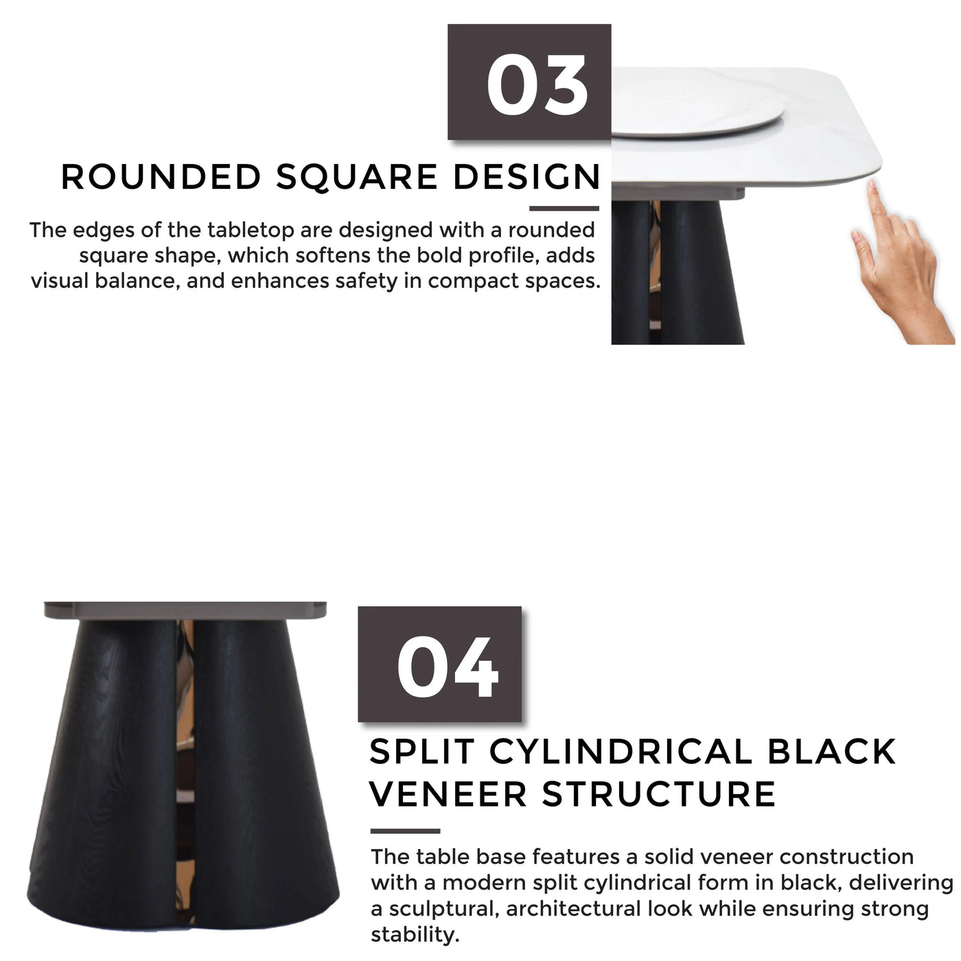 OLEEN Marble Dining Table with rounded square design and  solid cylindrical black veneer structure - TD Furniture