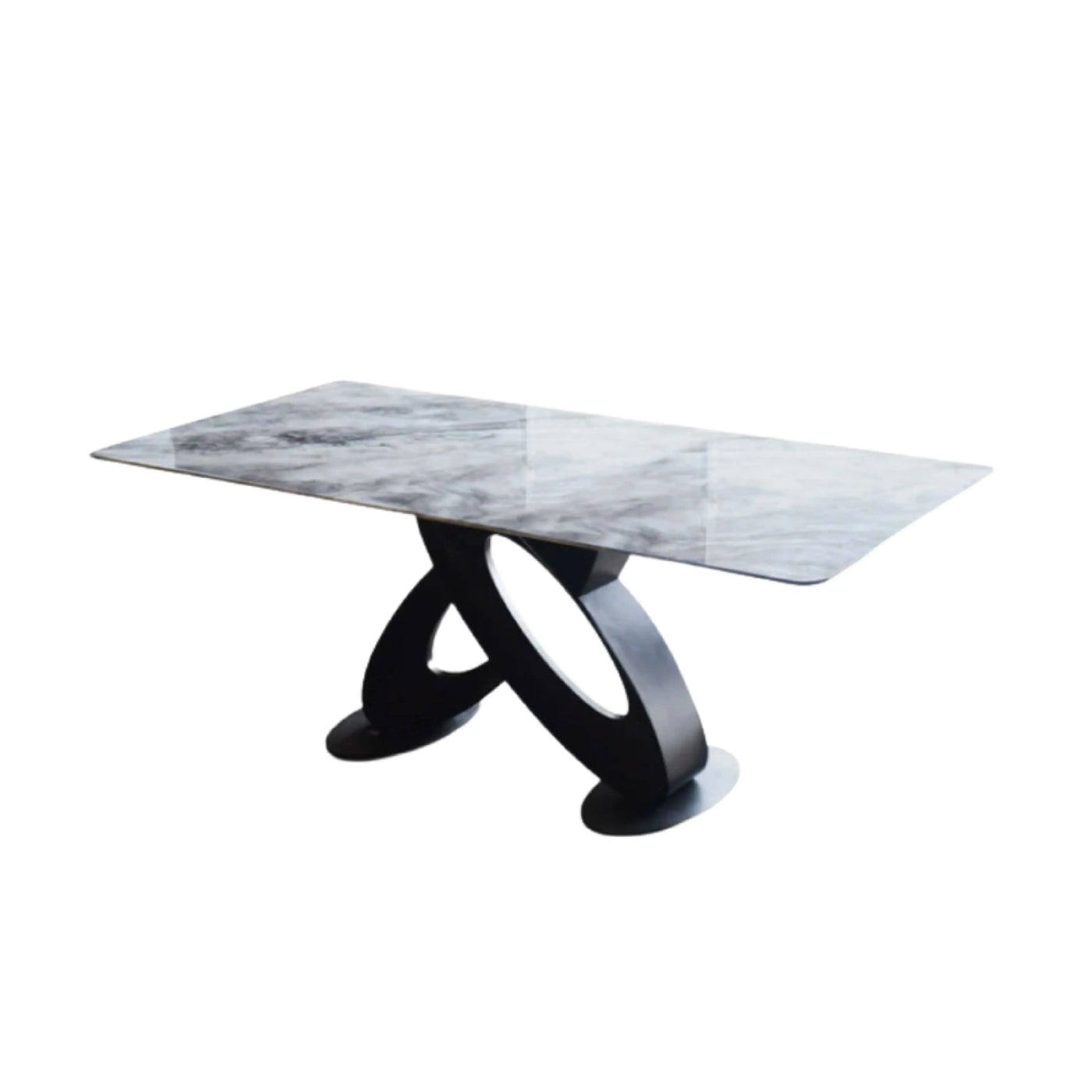 Grey marble rectangular dining table with natural veining, supported by a bold artistic double-loop black base.