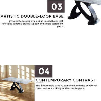 Artistic double-loop base, and contemporary black-and-grey contrast.