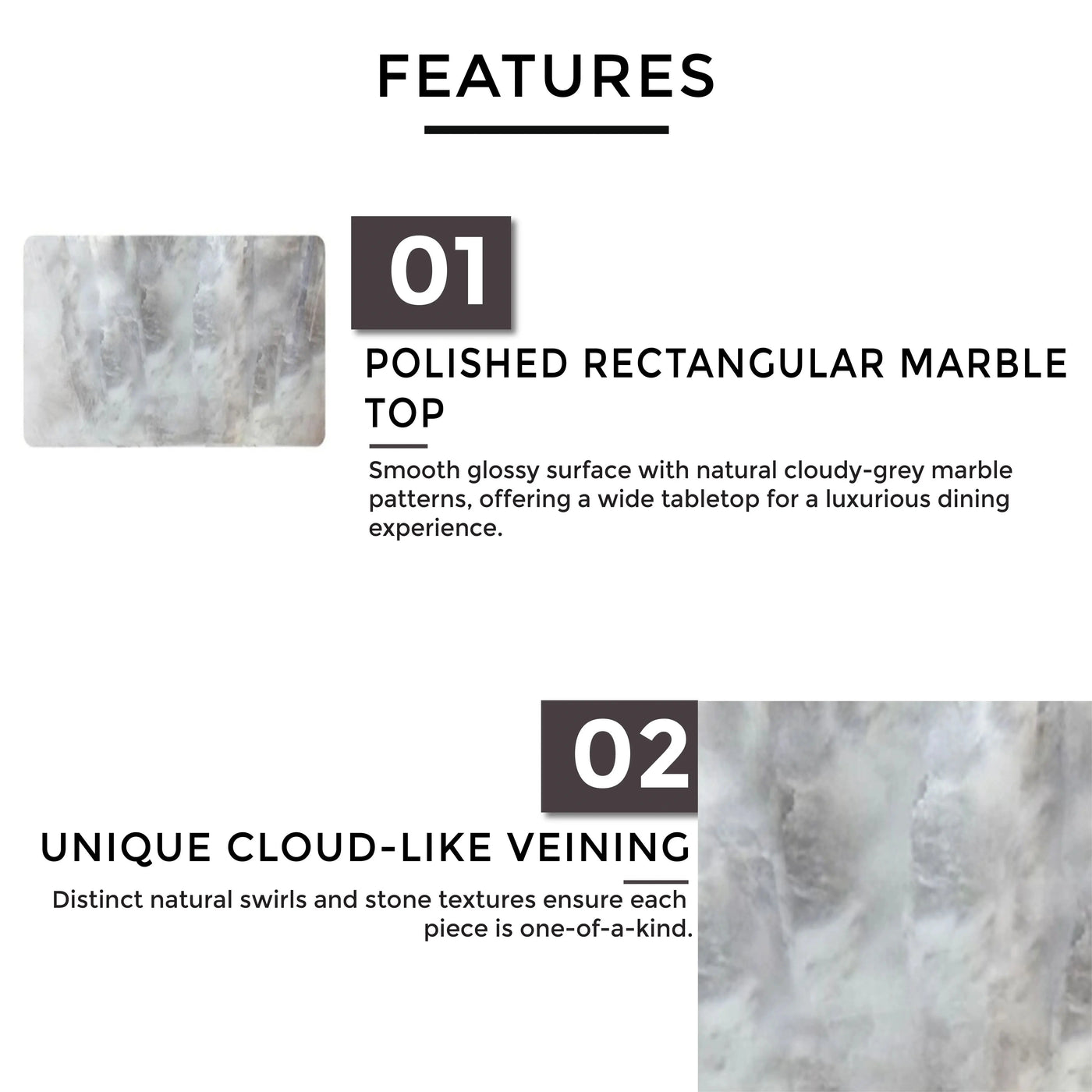 Polished rectangular marble top, unique cloudy veining, solid pedestal base, and durable long-lasting build.