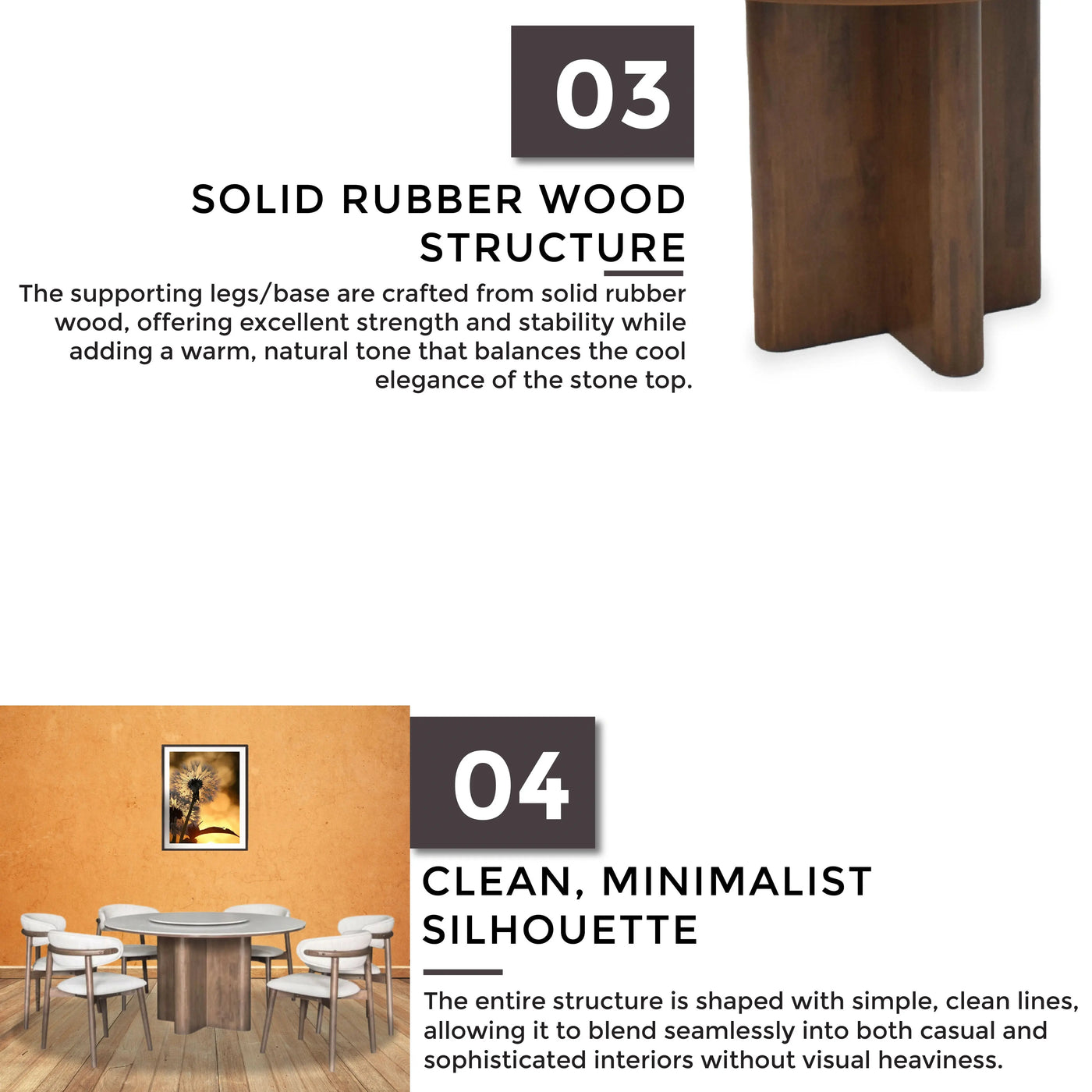 ROVA Marble Dining Table with solid rubber wood legs and durable base