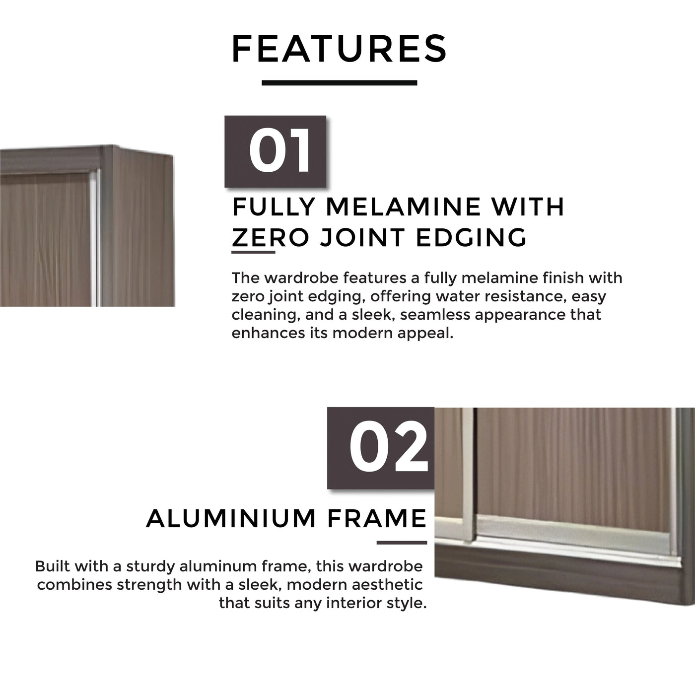 Wardrobe features with text on a white background