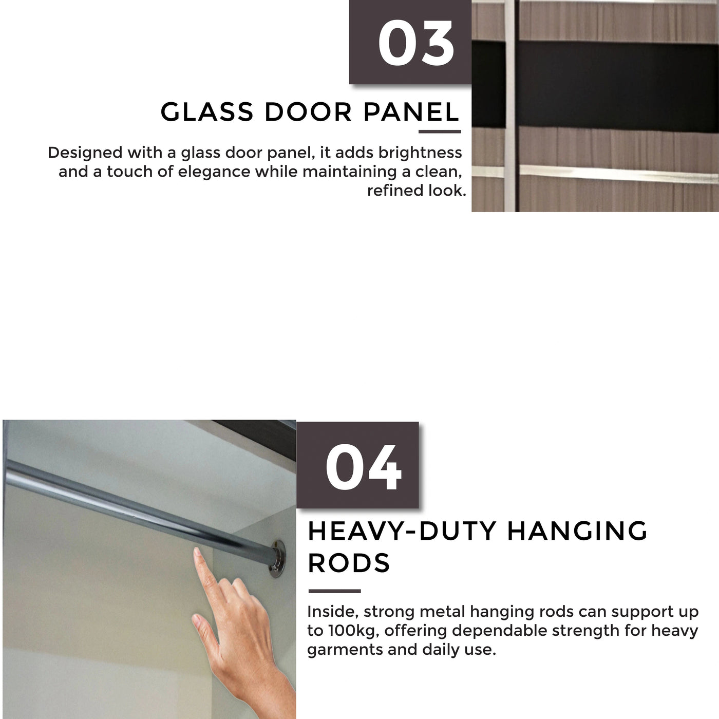 Glass door panel with heavy-duty hanging rods and text describing features.