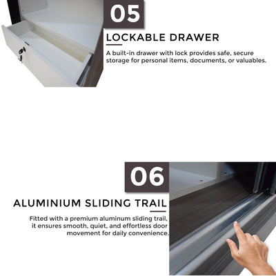 Lockable drawer and aluminium sliding trail with text description on a white background