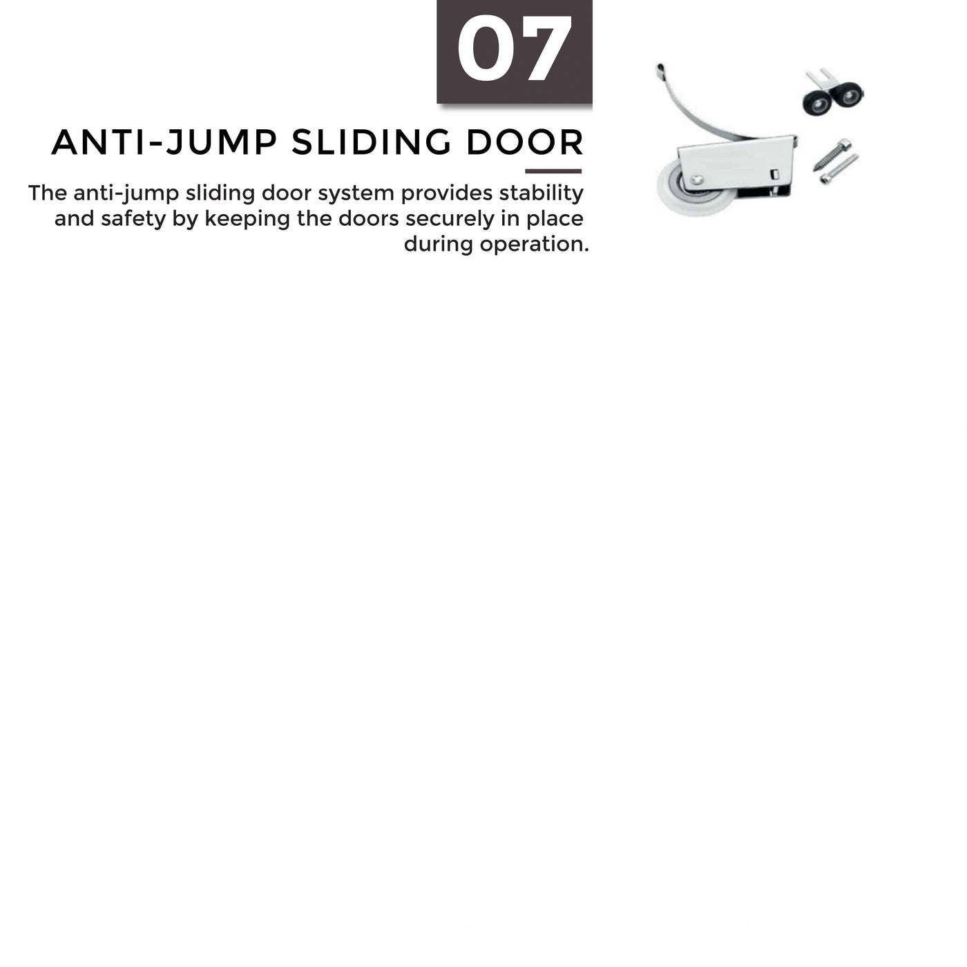 Anti-jump sliding door system with components on a white background
