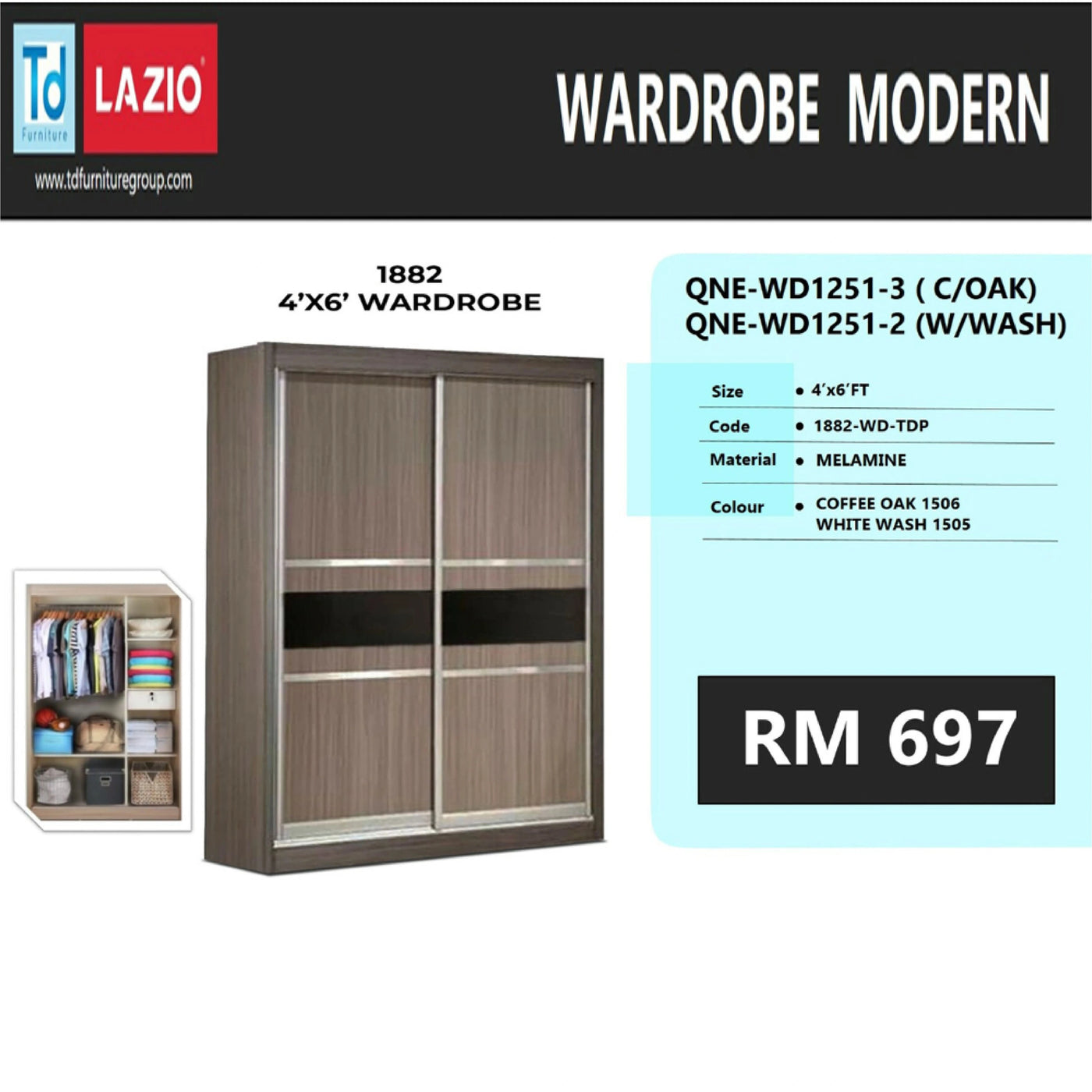 Modern wardrobe with sliding doors, brand 'Lazio' displayed, and product details on a white background.