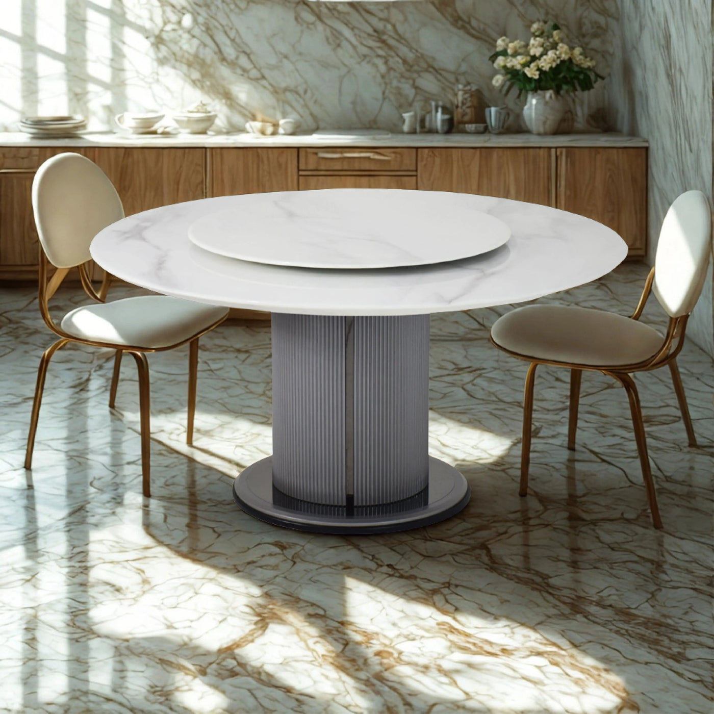 TYLAN Marble Dining Table with modern Lazy Susan for stylish shared dining