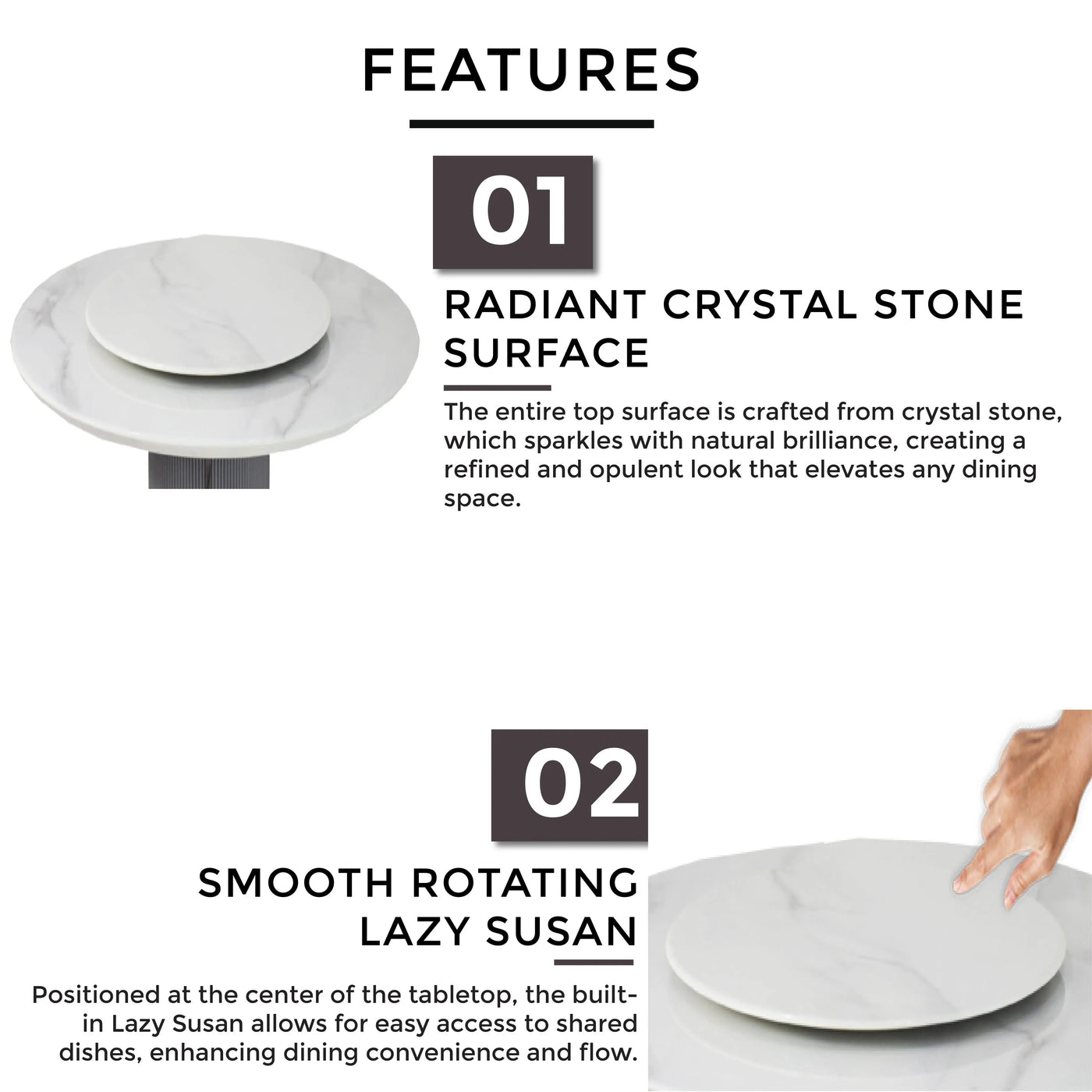 TYLAN Marble Dining Table with round glossy crystal stone surface 