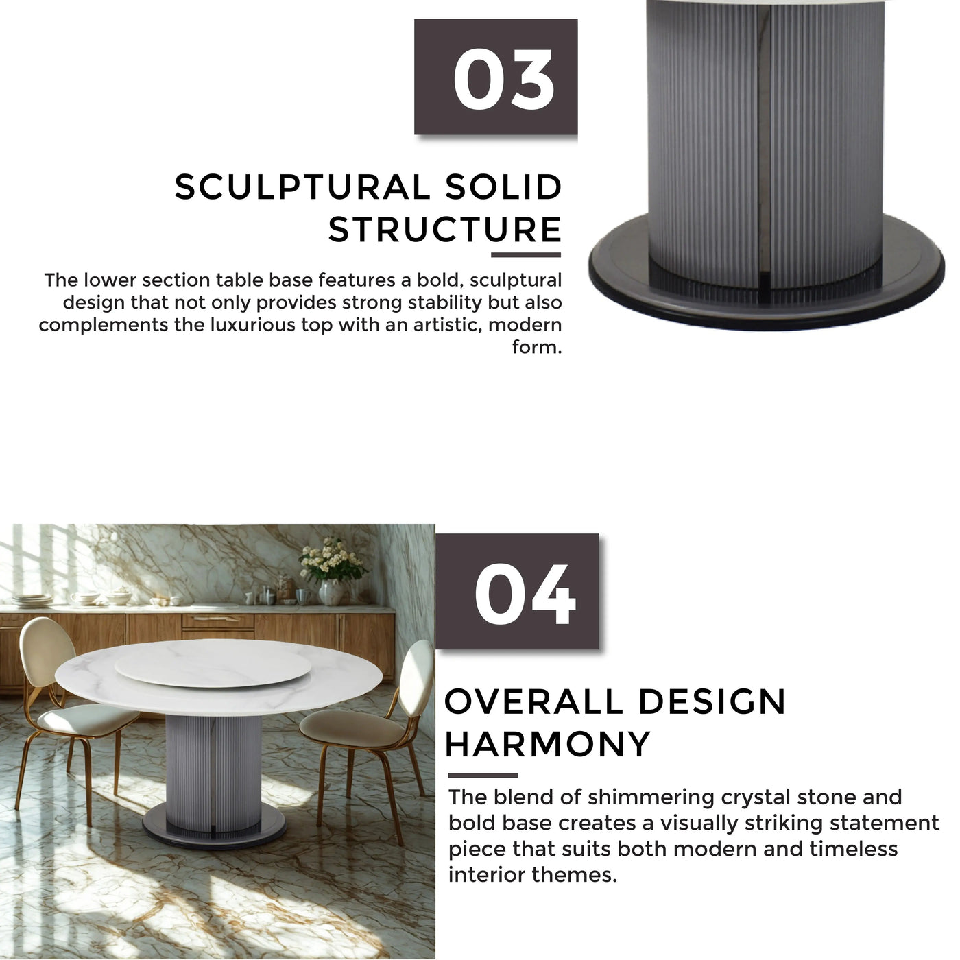 TYLAN Marble Dining Table with sculptural base and luxury design