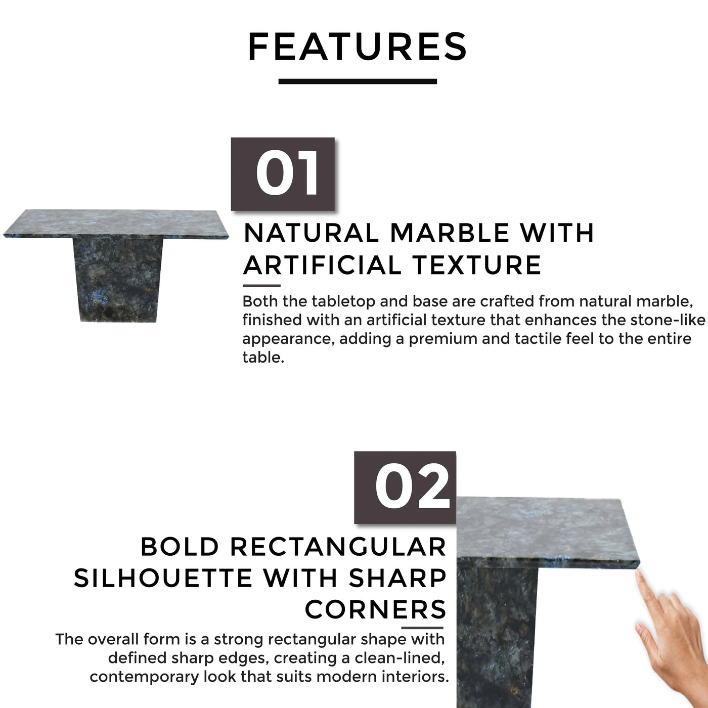 TYLIN Marble Dining Table features natural marble with artificial texture, bold rectangular silhouette - TD Furniture