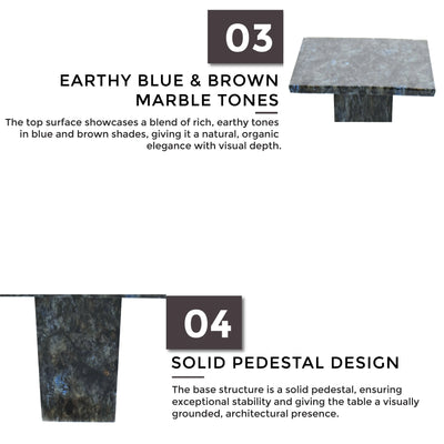 TYLIN Marble Dining Table features earthy blue and brown tones, solid pedestal base - TD Furniture