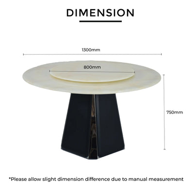 VALEA Marble Dining Table dimensions RD1300mm H750mm RD800mm with round jade stone top and black base - TD Furniture
