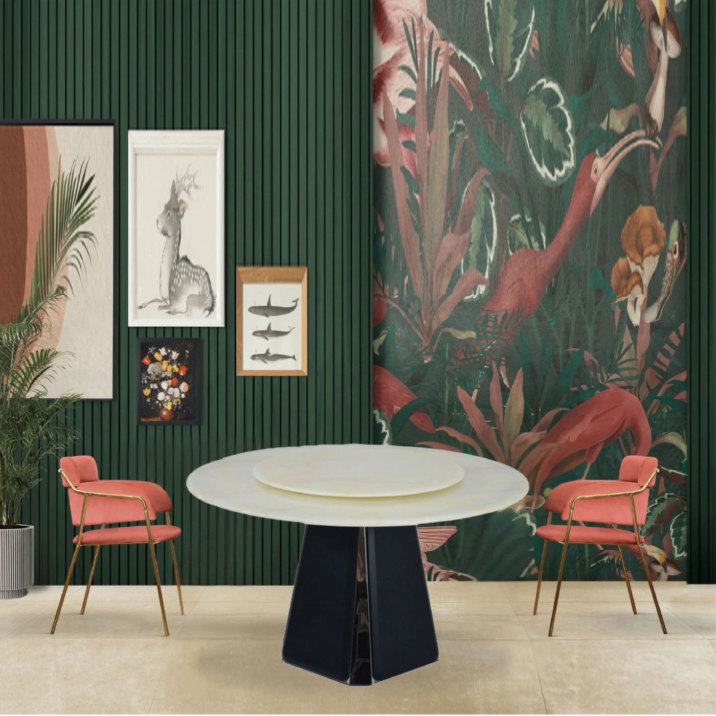 VALEA Marble Dining Table in modern dining room with jade stone top and Lazy Susan - TD Furniture