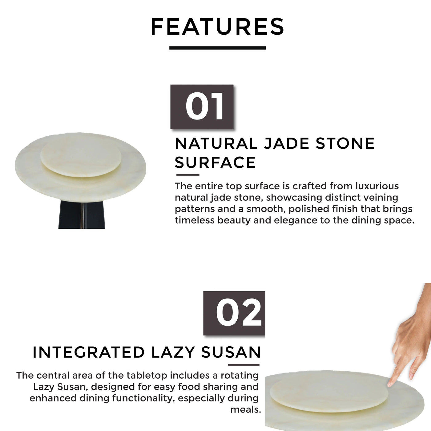 VALEA Marble Dining Table with natural jade stone surface and integrated Lazy Susan - TD Furniture