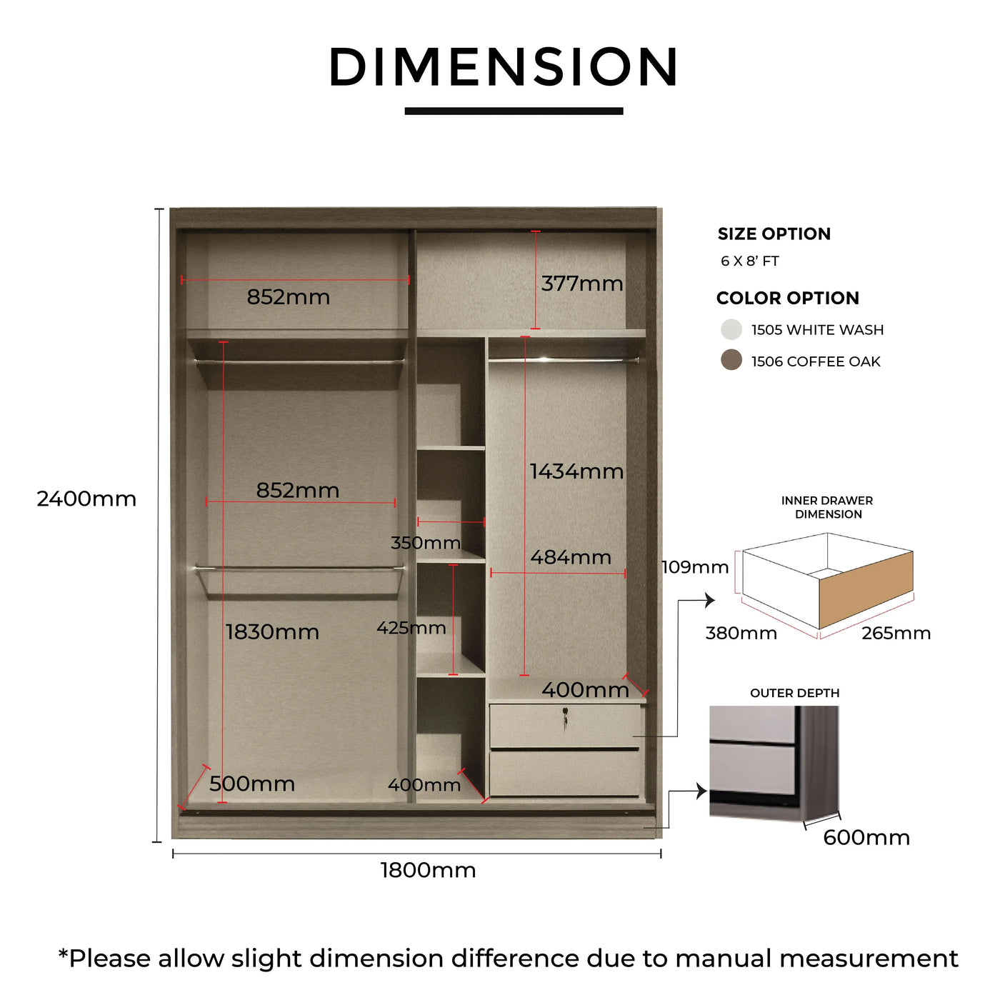 Measurement chart of a wardrobe with dimensions and size/color options.