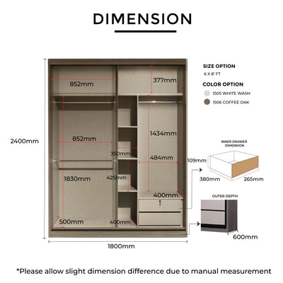 Measurement chart of a wardrobe with dimensions and size/color options.