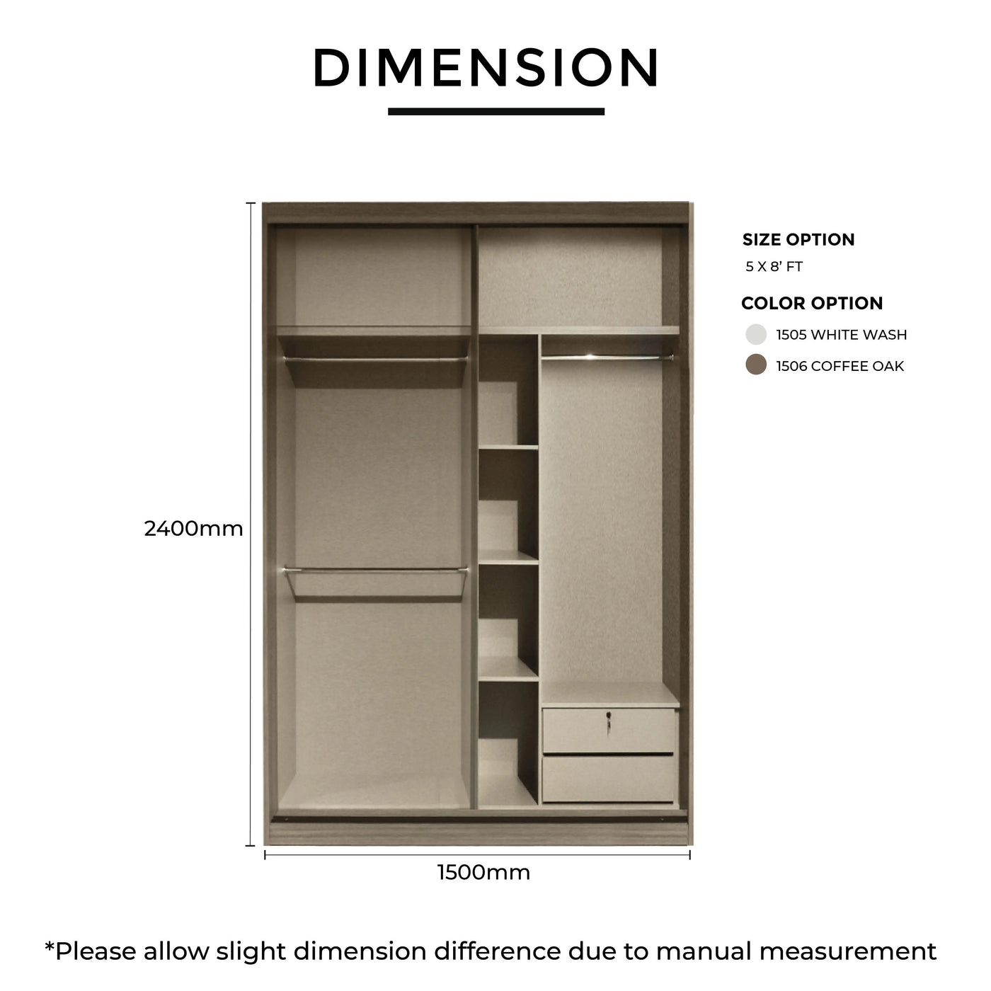 Wardrobe dimensions with color and size options on a white background