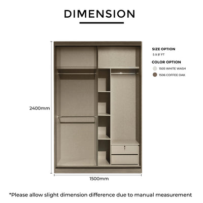 Wardrobe dimensions with color and size options on a white background