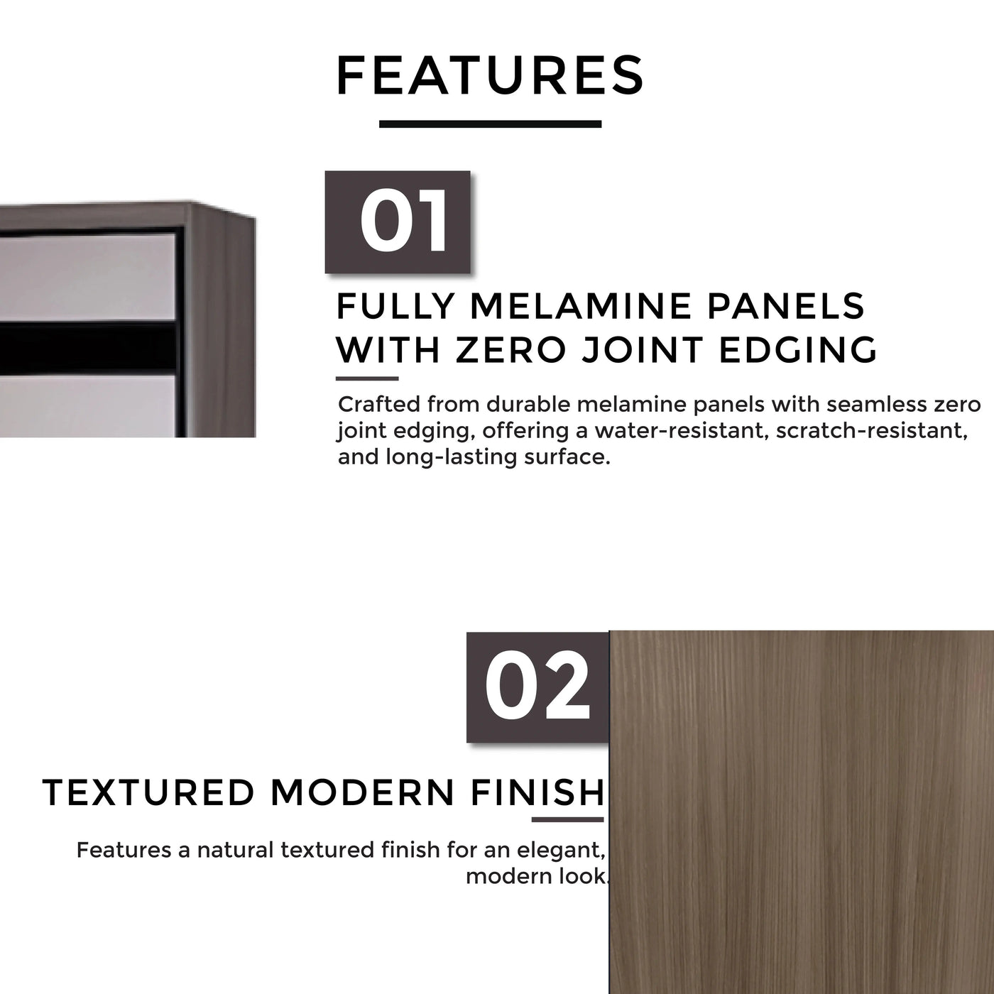 Product features including fully melamine panels with zero joint edging and textured modern finish on a white background.