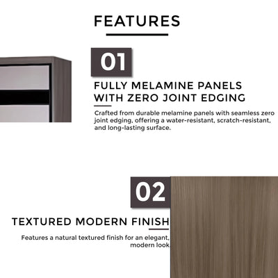 Product features including fully melamine panels with zero joint edging and textured modern finish on a white background.