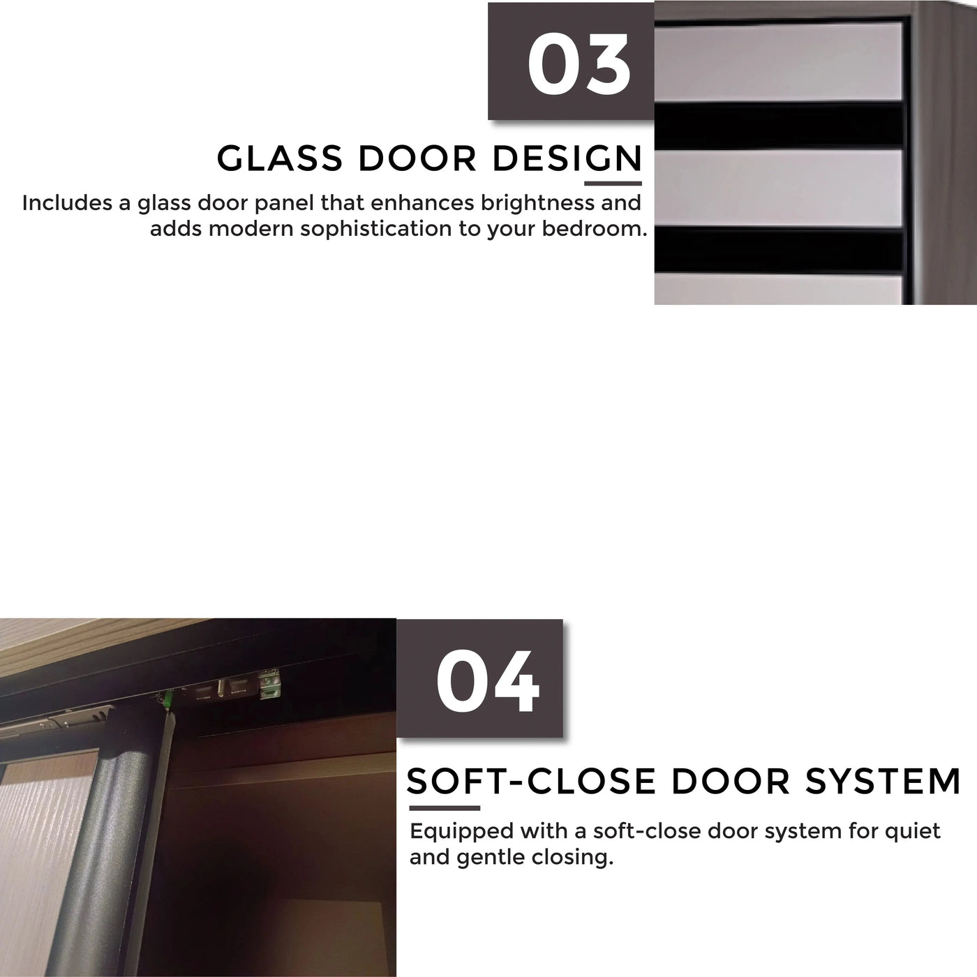 Glass door design and soft-close door system features with text on a white background.