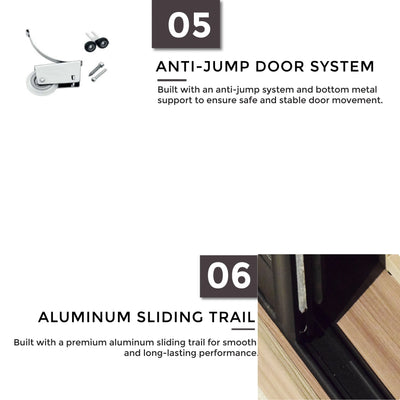 Product features with anti-jump door system and aluminum sliding trail on a white background