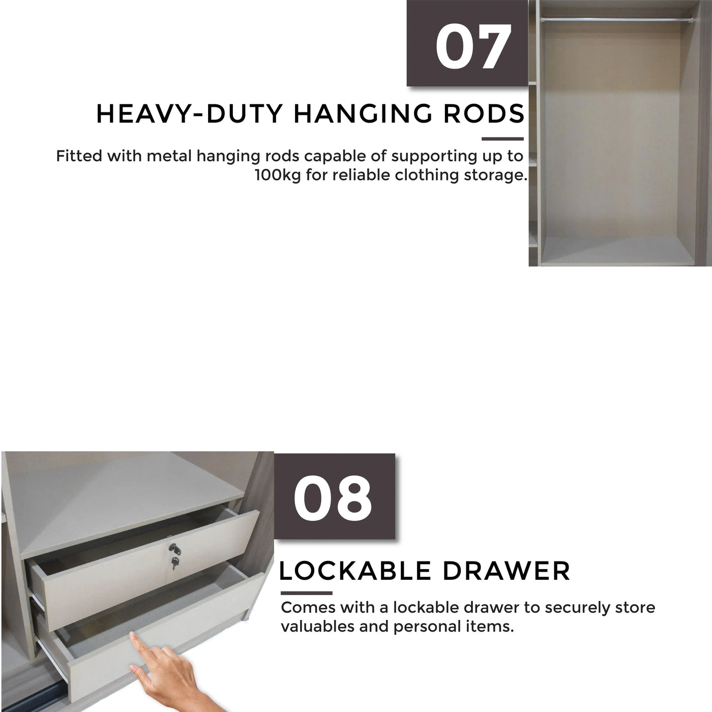Clothing storage system with heavy-duty hanging rods and lockable drawer.