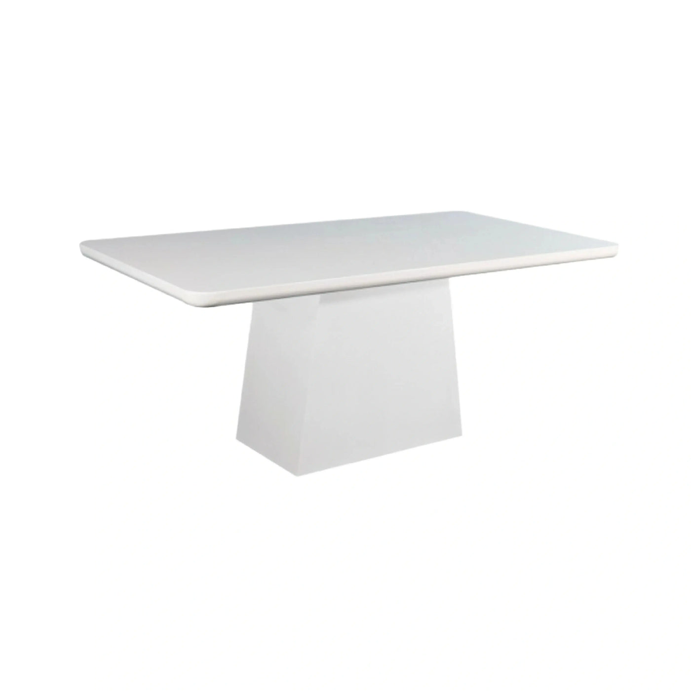 Modern rectangular marble dining table with smooth white surface and tapered pedestal base.