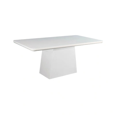 Modern rectangular marble dining table with smooth white surface and tapered pedestal base.