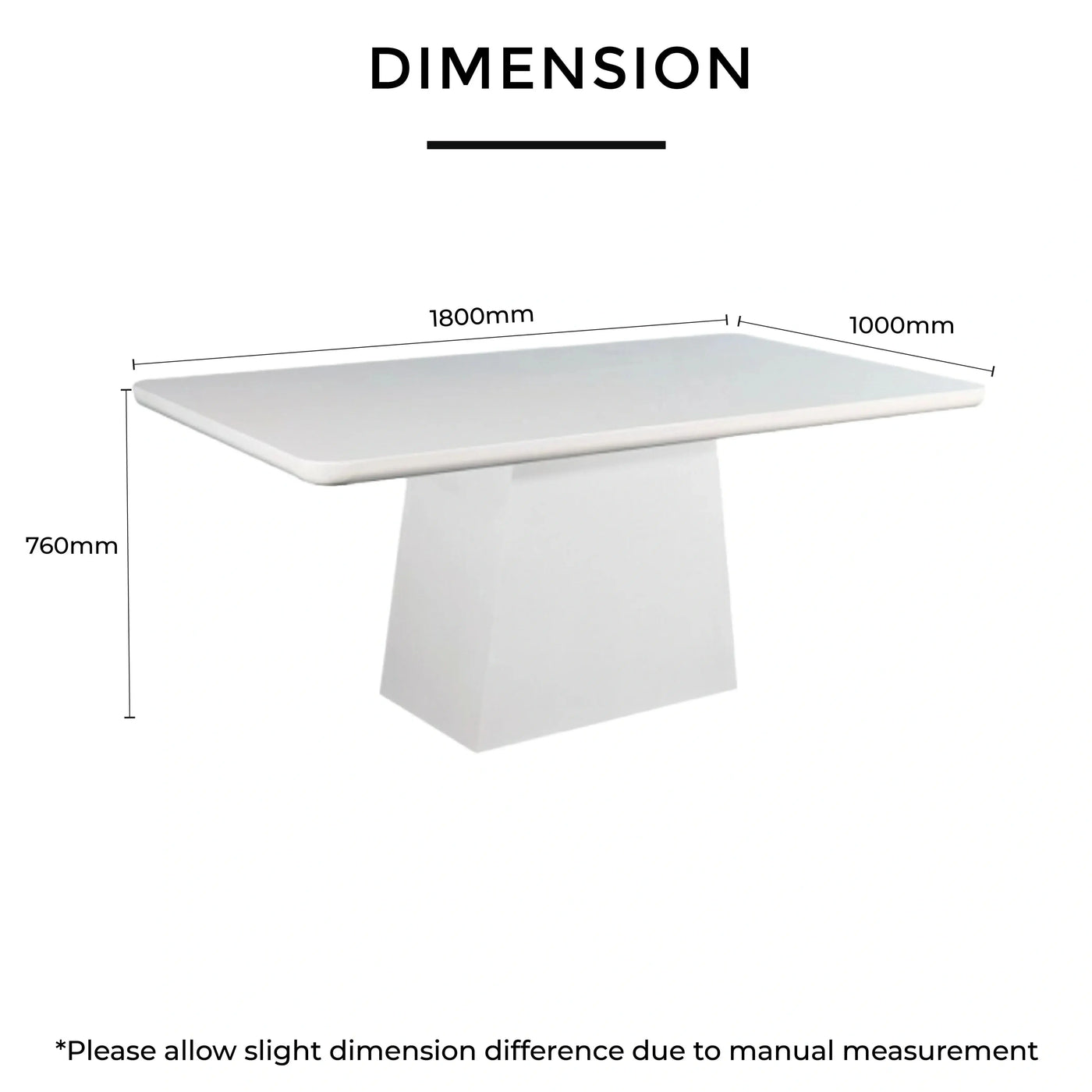 L1800mm × D1000mm × H760mm, rectangular design with solid geometric base.