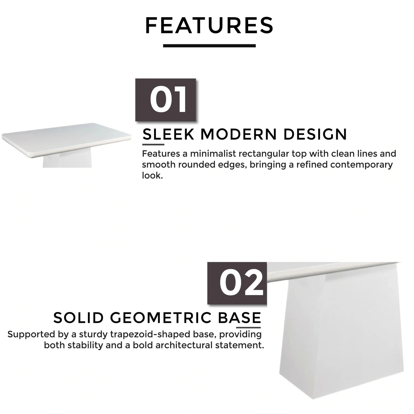 Smooth white marble surface and solid pedestal structure.