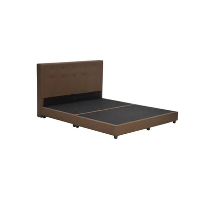 Brown fabric bed with straight button-tufted upholstered headboard, supportive divan base, and sturdy wooden legs.