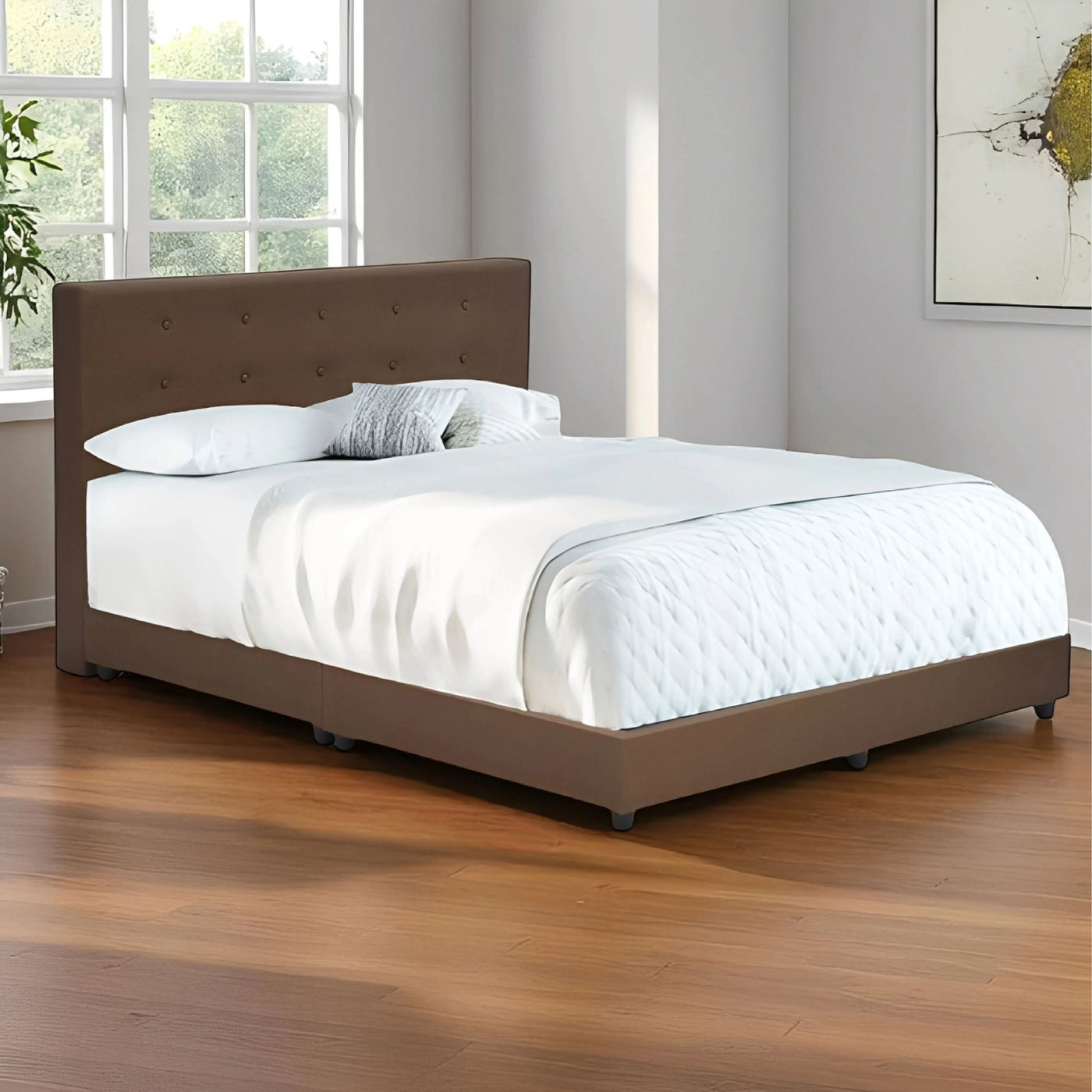 Modern fabric bed styled in a bright contemporary bedroom, showcasing its button-tufted headboard and clean design.