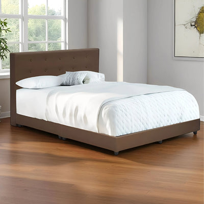 Modern fabric bed styled in a bright contemporary bedroom, showcasing its button-tufted headboard and clean design.