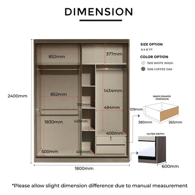 Dimensions of a wardrobe with labeled measurements and color options.