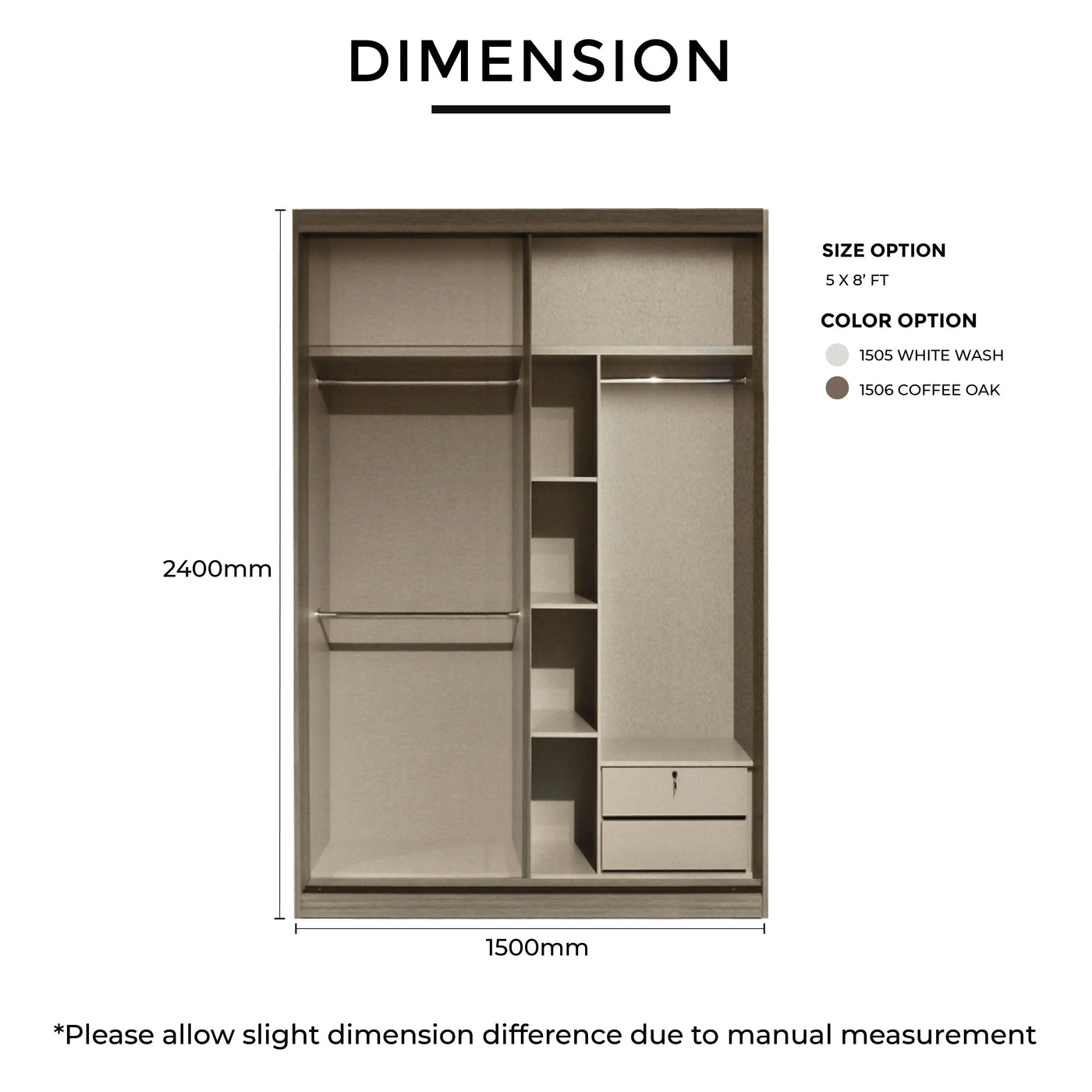 Wardrobe dimensions and color options on a white background