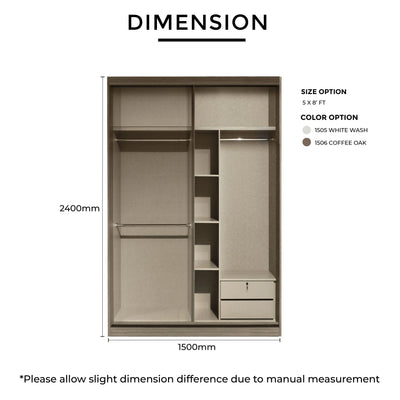 Wardrobe dimensions and color options on a white background