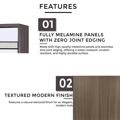Product features with text on melamine panels and modern finish.