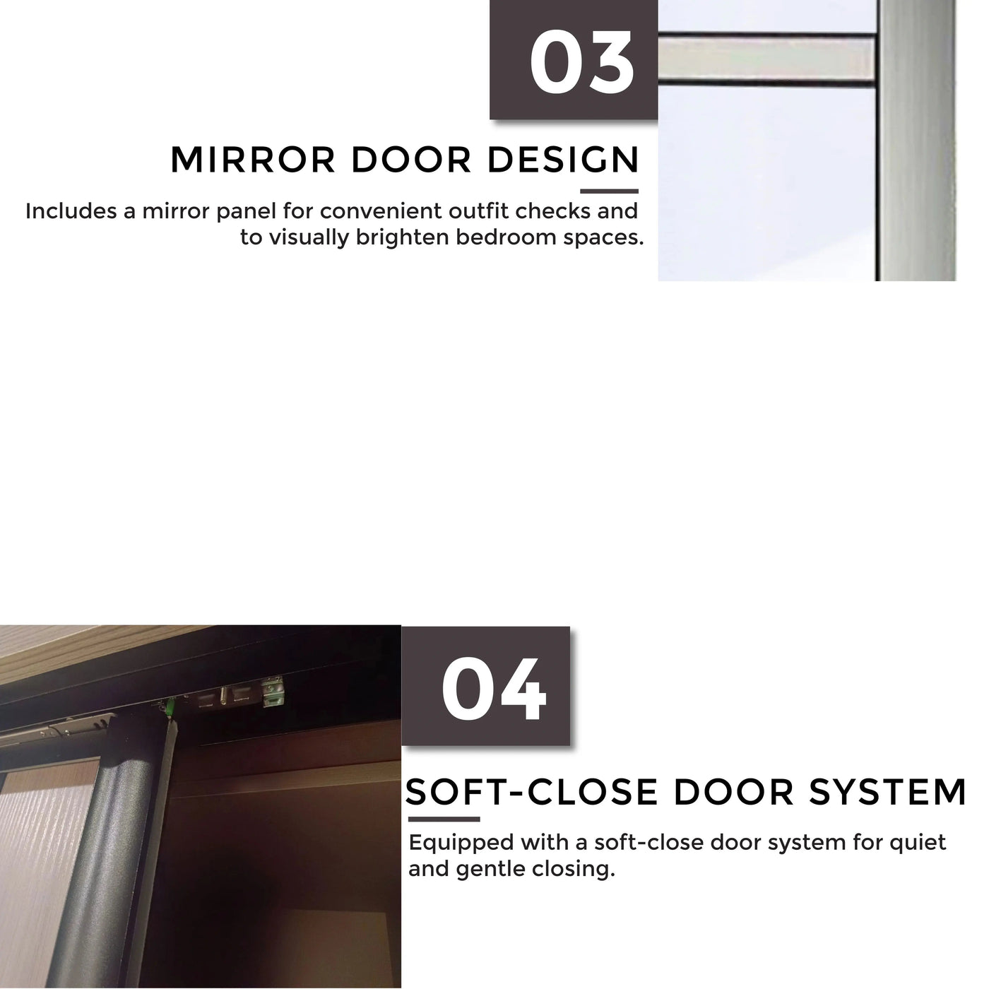 Text describing mirror door design and soft-close door system with minimal background.