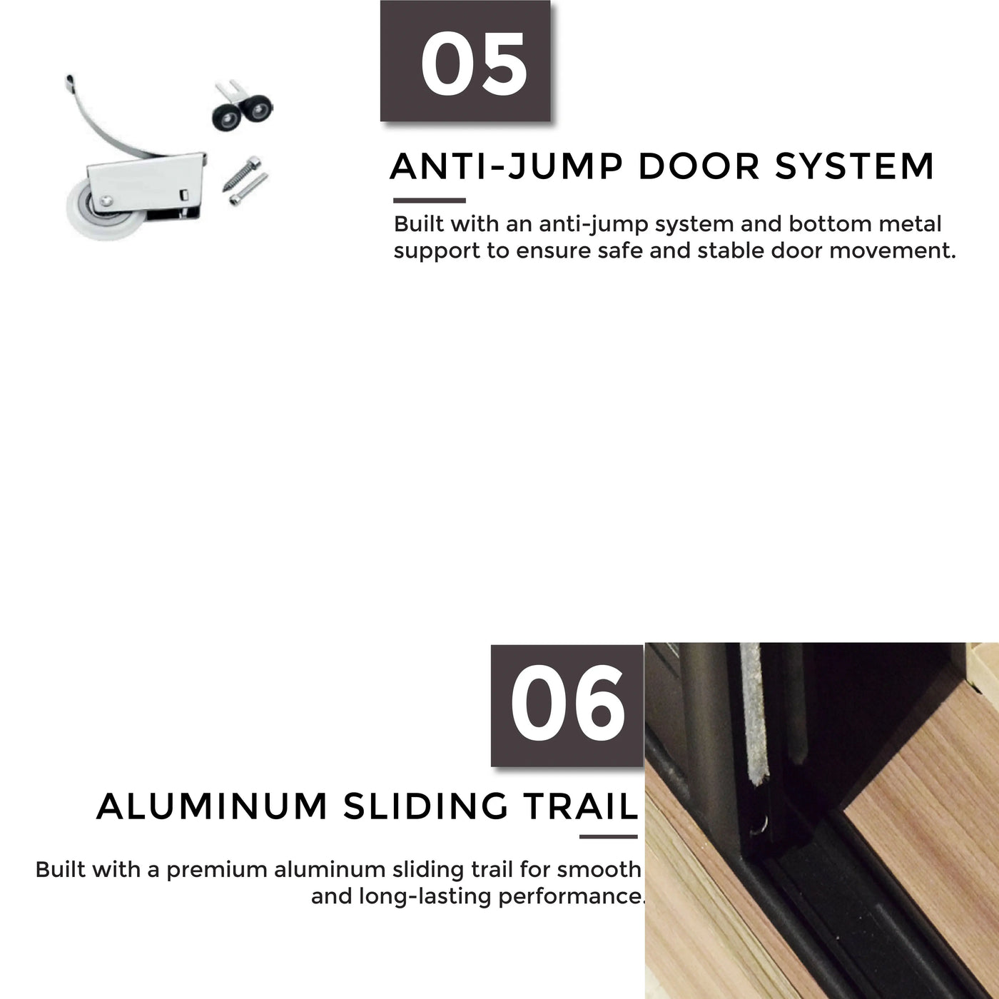 Advertisement for anti-jump door system and aluminum sliding trail with text and images on a white background.